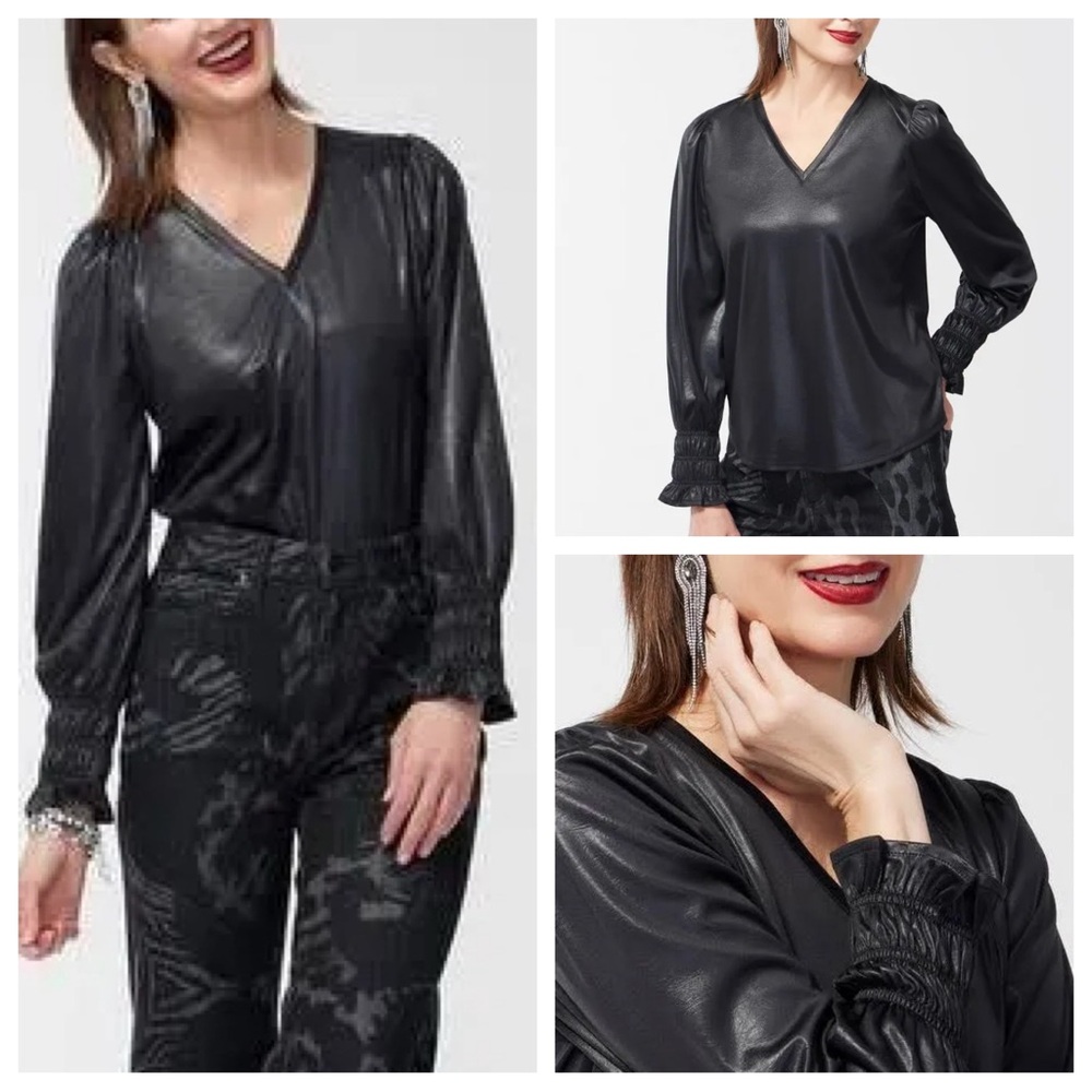 Chico's Black V-Neck Faux Leather Top